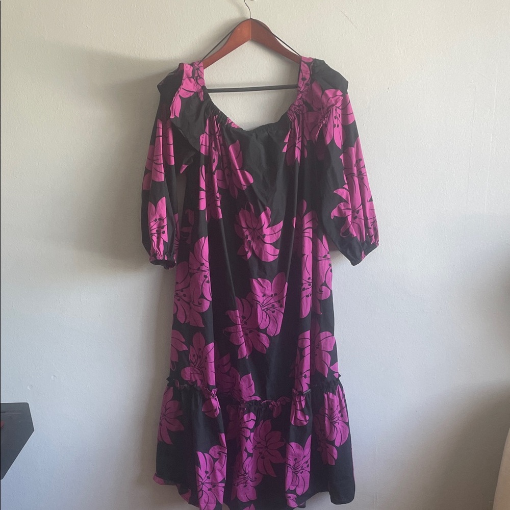 Who What Wear Black and Fuscia Hibiscus pattern Midi Dress size XL